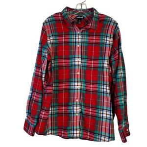 Lands End Womens Red Plaid Flannel Button Down Shirt Cotton Size 18 Long Sleeve